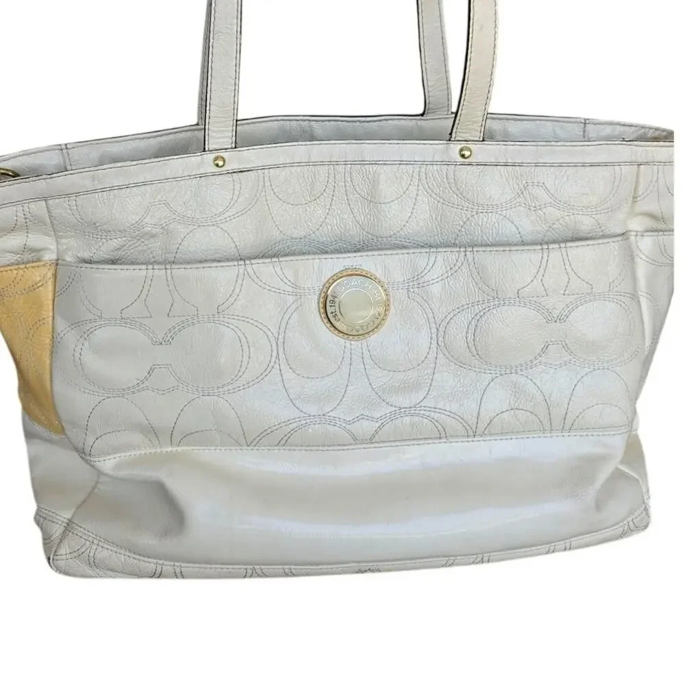 CoachPatent Leather/ cream/ yellow n blue purse/ diaper bag/ project bag